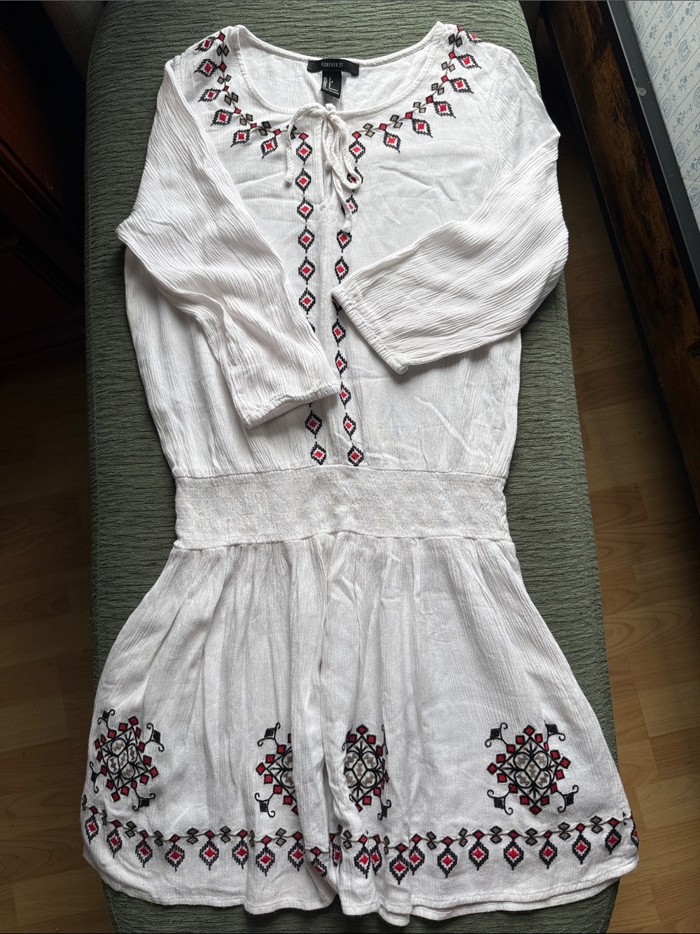 Forever 21 White Mini Dress with Red & Black Embroidery